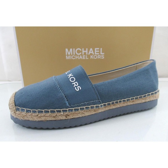 Michael Kors Vicky Espadrille Platform Flat Shoes Canvas MK Logo Denim - Picture 2 of 6